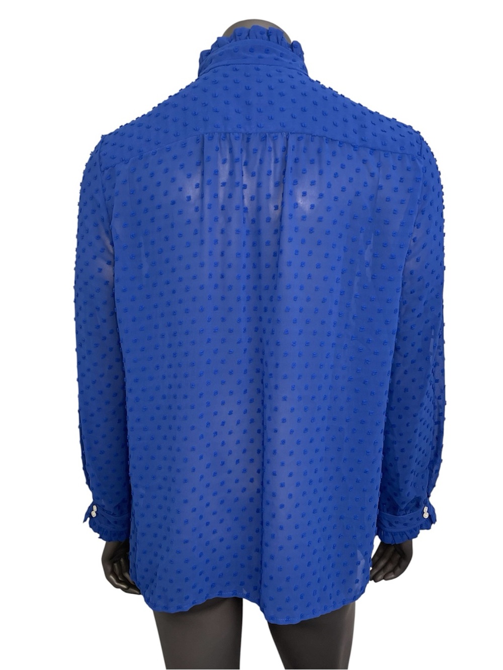 J. Crew Blouse 12 Blue Sheer Swiss Dot Ruffle High-Neck Keyhole Long Sleeve - Picture 2 of 10